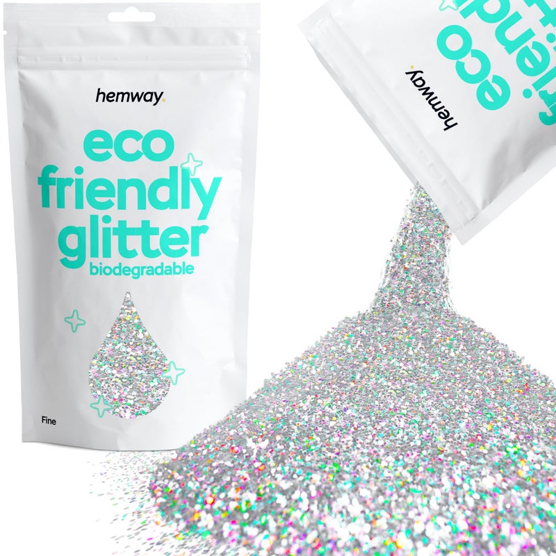 Hemway Eco Friendly Biodegradable Glitter 100g / 3.5oz Bio Cosmetic Safe Sparkle Vegan For Face, Eyeshadow, Body, Hair, Nail And Festival Makeup, Craft - Fine (1/64" 0.015" 0.4mm) - Silver Holographic - Image 1